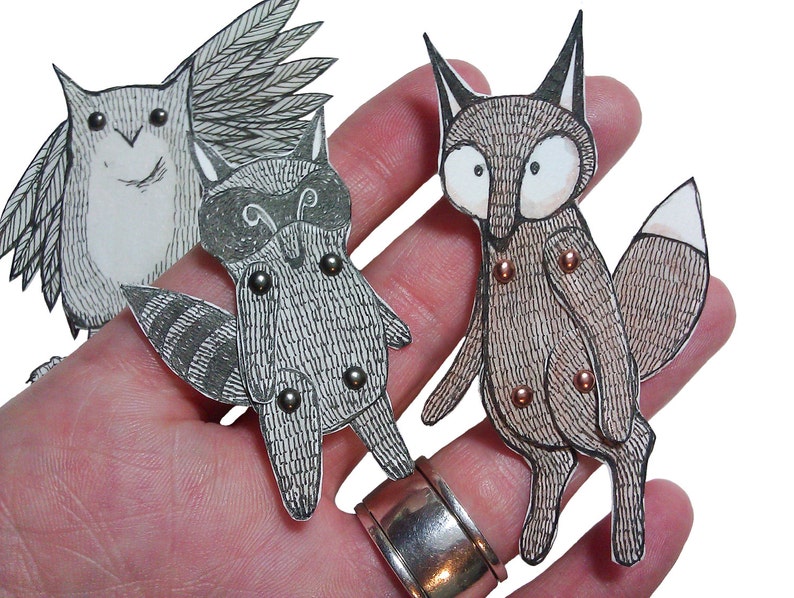 Woodland Animal Paper Dolls Puppets Patterns, Articulated Mechanical Animals, Printable Animal Digital Downloadable Owl Fox Raccoon 0051 image 1