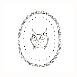 May include: A black and white line drawing of an owl inside a decorative oval frame. The owl has large eyes and a round body.