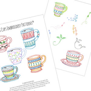 Könnte beinhalten: Fünf bunte Teetassen-Stickmuster mit verschiedenen Designs. Die Muster umfassen geometrische Formen, Punkte und florale Motive. Der Text "Tea Cups Embroidery Patterns*" befindet sich oben auf der Seite.