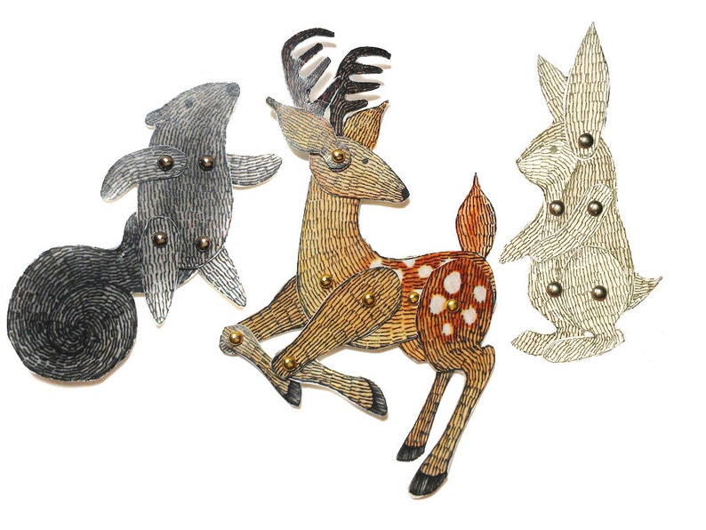 Woodland Animal Paper Dolls Deer Rabbit Squirrel Puppets Patterns Articulated Mechanical Animals, Printable Animal Digital Downloadable 0083 image 1