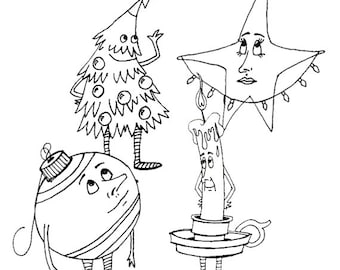 May include: Black and white cartoon illustration of Christmas-themed characters. A Christmas tree with ornaments and a star on top, a star with a face, a candle, and a round ornament with stripes.