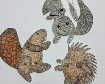 Animaux des bois poupées en papier marionnettes motifs articulé mécanique animaux imprimable numérique mouffette hérisson castor 0097