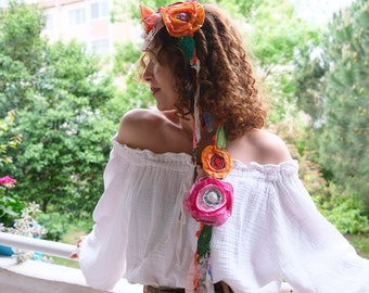 Colorful flower headband, Country wedding Bridesmaids accessory, Special design scarf, Design flower belt, Gypsy boho hippie headband scarf