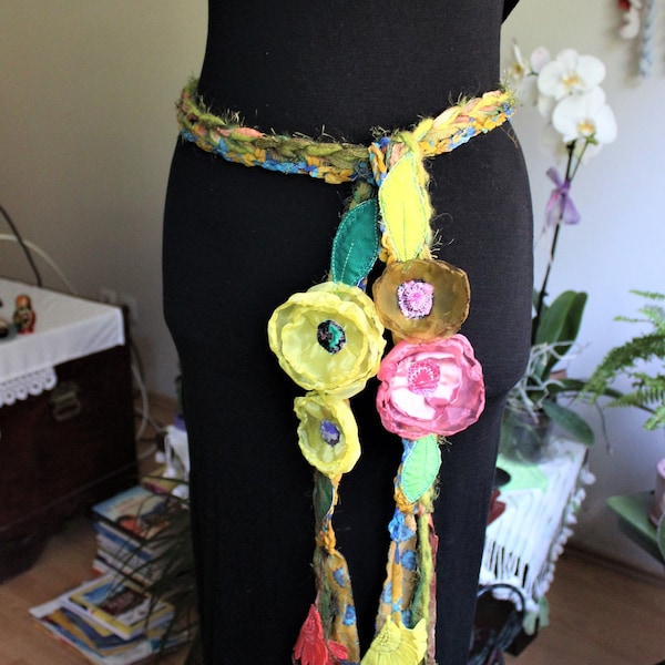 Boho Flower necklace, Colorful Crochet belt, Yellow Flower, Textil art pendant, Hippie Scarf, Unique Scarf, Colorful Flower, Woman gift