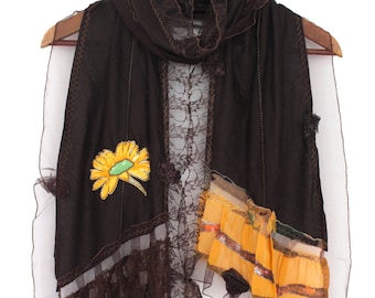 Dark brown women scarf, Chocolate brown cotton, Unique Brown Shawl, Extra Long, Sunflower Brown Scarf, Designer Shawl, Gift Brown Lace Shawl