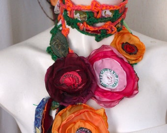 Orange Hippie necklace, Colorful Crochet Scarf, Textile art pendant, Flowers Boho Scarf, Unique Scarf, Orange Flower, Hallowen Women gift