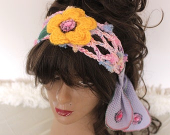 Crochet Unique headband, Hippie knit headband, Yellow flower headband, Handmade hippie headband, Bohemian headband, Women headband