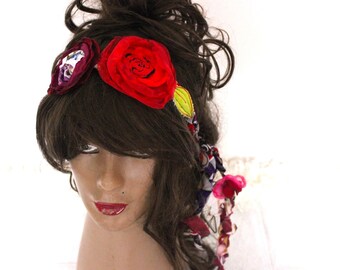 Red pink flower headband, hippie flower belt, red flower necklace, women textile art, bohem headband, gypsy headband, girl christmas gift
