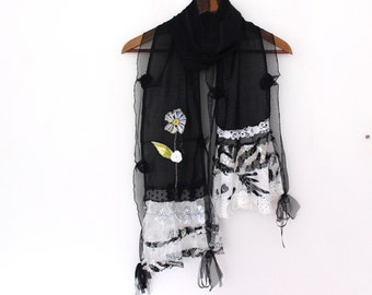 Black white woman scarf, Black Lace Shawl, Black scarf design, Black Christmas gift, Black scarf, black lace scarf, Woman scarf