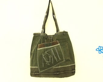 Military green shoulder bag, Pockets Cotton Shoulder Bag, Lightweight Shopping Bag, Reusable Eco-friendly Tote Bag
