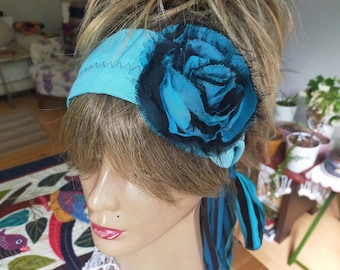 Blue Floral Headband: Handmade Cotton Boho Hair Accessory