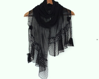 Extra long black scarf, White polka dot women's shawl, Unique women's gift, Black lace embellished shawl, Mom gift