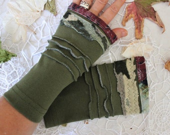 Green beige gloves, Forest colors arm warmer, Colorful mittens, Flexible Fingerless, Thin cotton glove, Patchwork women gloves, Woman gift