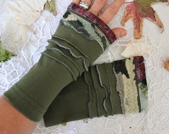 Gants beiges verts, Chauffe-bras de couleurs forêt, Mitaines colorées, Sans doigts flexibles, Gant en coton fin, Gants pour femmes patchwork, Cadeau femme