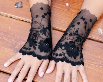 Black Lace Fingerless Gloves: Embroidered Gothic Arm Warmers