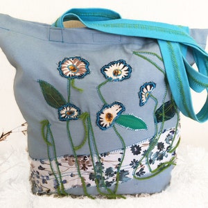 Blaue Leinwand Tasche, Canvas Umhängetasche, langhandlich Boho Tasche, Gänseblümchen Blume, Mutter Geschenk, einzigartige Geschenk-Option, Tasche Strandtasche, Einkaufstasche