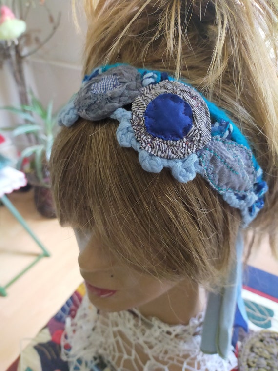 Blue Crochet Headband: Bohemian Appliqued Flower Hair Band 