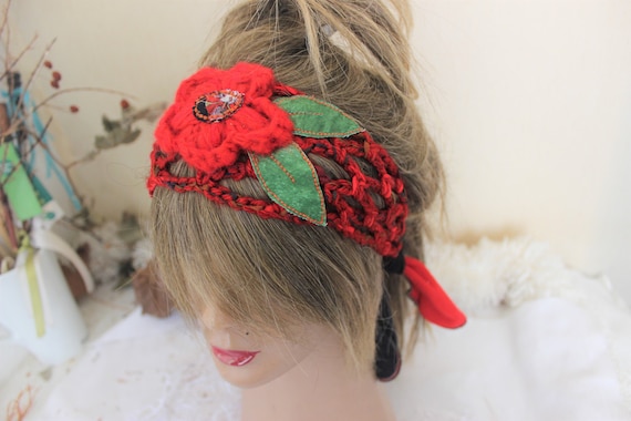 Bohemian Red Headband with Floral Accent Red & Orange Floral Headband main image 3