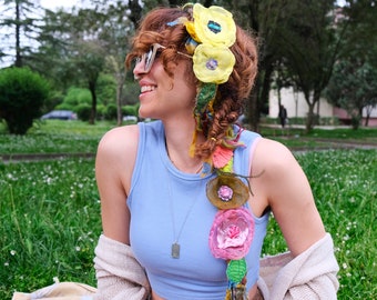 Colorful Flower Necklace, Flower Hair Crochet Headband, Handmade Women Gift, Boho Hippie Gypsy style, Women Beach Wear, Unique Textile Art