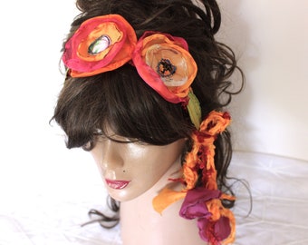 Floral unique headband, Colorful Hippie belt, Pink orange necklace, Women summer accessory, Boho Gypsy headband, Girl friend gift