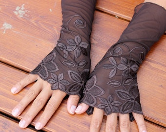 Brown Lace Fingerless Gloves: Embroidered Gothic Arm Warmers