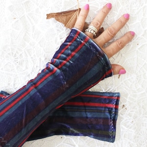 Colorful velvet gloves, Velvet arm warmer, striped fingerless gloves, velvet boho woman, colorful winter gloves, women christmas gift