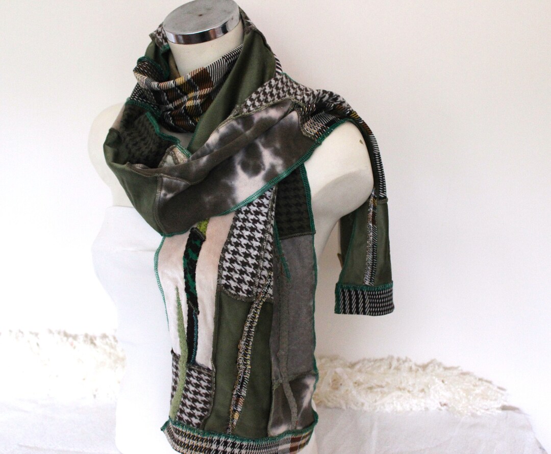 Extra Long Men Scarf, Green Brown Unique Shawl, Handmade