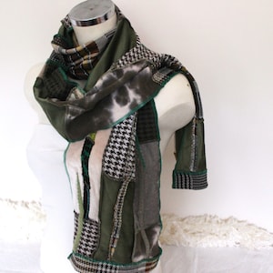 Extra long Men scarf, Green Brown unique Shawl, Handmade patchwork boho scarf, Men Christmas gift, Men Long Scarf,  For her special gift