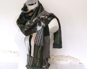 Extra long Men scarf, Green Brown unique Shawl, Handmade patchwork boho scarf, Men Christmas gift, Men Long Scarf,  For her special gift