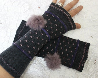 Gray Pink Gloves, Gray Hippie Gloves, Pink Boho Gloves, Pink Fur Gloves, Pink Fingerless, Arm Warmers, Women's Fashion