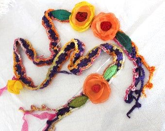Gypsy Crochet Scarf, Orange flowers Hippie headband, Wearable art, Flower belt, With Gypsy Love, Colorful Flower, Unique handmade Scarf