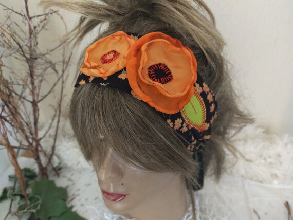 Orange black headband flowers women headband Unique cotton | Etsy