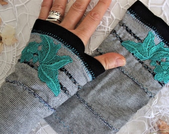 Gray black gloves, Striped Fingerless arm warmer, Woman Cotton gloves, Gray black patchwork, Smoked applique gloves, Teal flower gloves