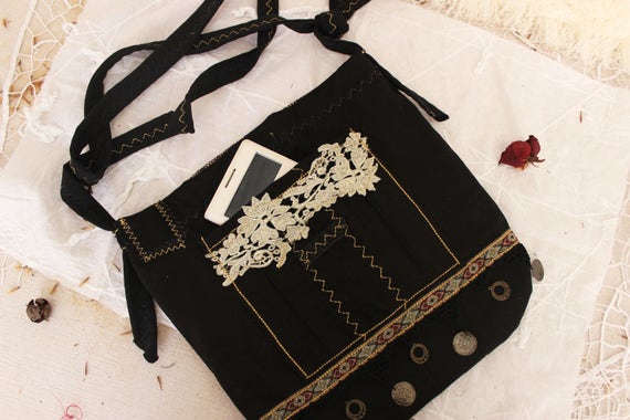 Jeans Crossbody bags Black jeans handbag Black Lace handbag Recycled handbag Practical jeans handbag Boho handbag Unique jeans handbag