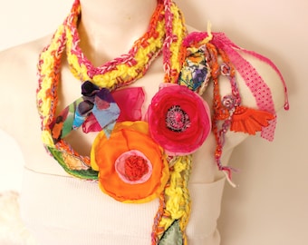 Colorful Crochet Scarf, Orange Hippie necklace, Textile art pendant, Flowers Boho Scarf, Unique Scarf, Orange Flower, Hallowen Women gift
