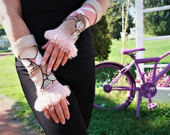 Powder Pink women gloves, Pink cream arm warmers, Wrist ornament wrap, romantic fingerless, Long pink glove, Pink fur tassel, Valentine gift