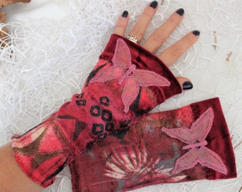 Pink Velvet Arm Warmer, Guantes sin dedos para mujer de Borgoña rosa, Mariposa rosa sin dedos, Accesorios para mujeres, Calentadores de brazo largos rosas