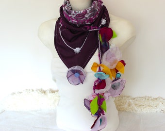 Purple cotton shawl, Purple triangle scarf, Ethnic turkish fabric, Colors flowers, Women accessories, women christmas gift