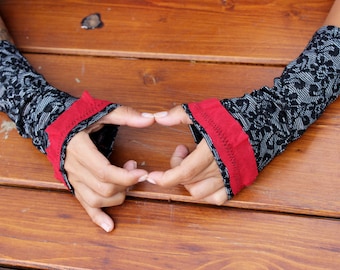Black Lace Fingerless Gloves: Embroidered Gothic Arm Warmers