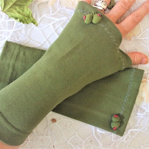 Guanti da donna verdi senza dita, Scaldabraccia in cotone, Guanti verdi, Accessori da donna, Forest Green fingerless, opzione regalo di Natale