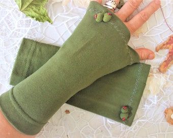 Green Cotton Fingerless Gloves: Women's Arm Warmers