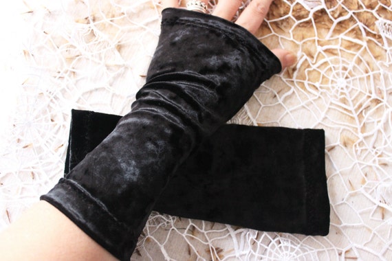 Black Velvet Fingerless Gloves Black Velvet Night Gloves Black
