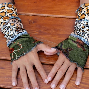 Earth velvet glove, Green arm warmer, Leopard fingerless glove, Beige coffee arm warmer, Velvet women fashion, Women christmas gift