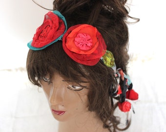 Red flower headband, hippie flower belt, red flower necklace, women's textile art, bohemian headband, gypsy headband, girl christmas gift