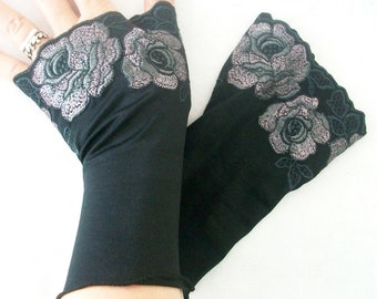 Black Lace Fingerless Gloves: Embroidered Gothic Arm Warmers