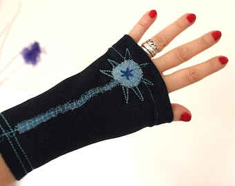 Navy Blue Flexible Denim Gloves, Dark Blue Jeans Fingerless gloves, jeans recycling, Blue patchwork gloves, Blue gloves arm warmers
