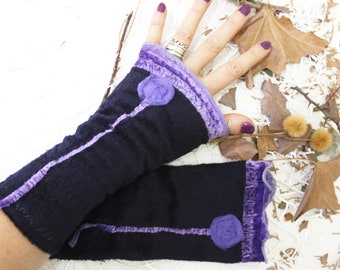 Purple Velvet Arm Warmers: Gothic Fingerless Gloves, Patchwork Bracelet