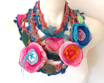 Pink Hippie necklace, Colorful Crochet Scarf, Textile art pendant, Flowers Boho Scarf, Unique Scarf, Pink Blue Flowers, Women new year gift
