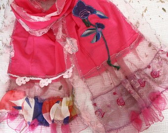 Handmade Patchwork Cotton Scarf: Fuchsia Pink Turkish Ethnic Design