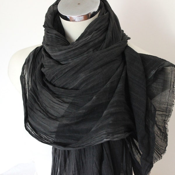 Black Gray Men Scarf, Crumpled Cotton Shawl, Large Dark gray Scarf, Black Gray Shawl, Men's Women's Christmas gift option